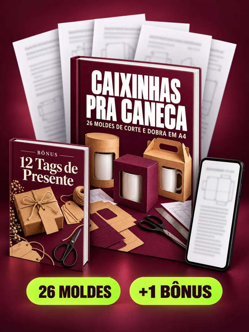 Folha impressa com o molde plano de uma caixa (linha de corte e linha de dobra), com uma tesoura e uma régua de aço sobre ela e uma caneca branca no canto