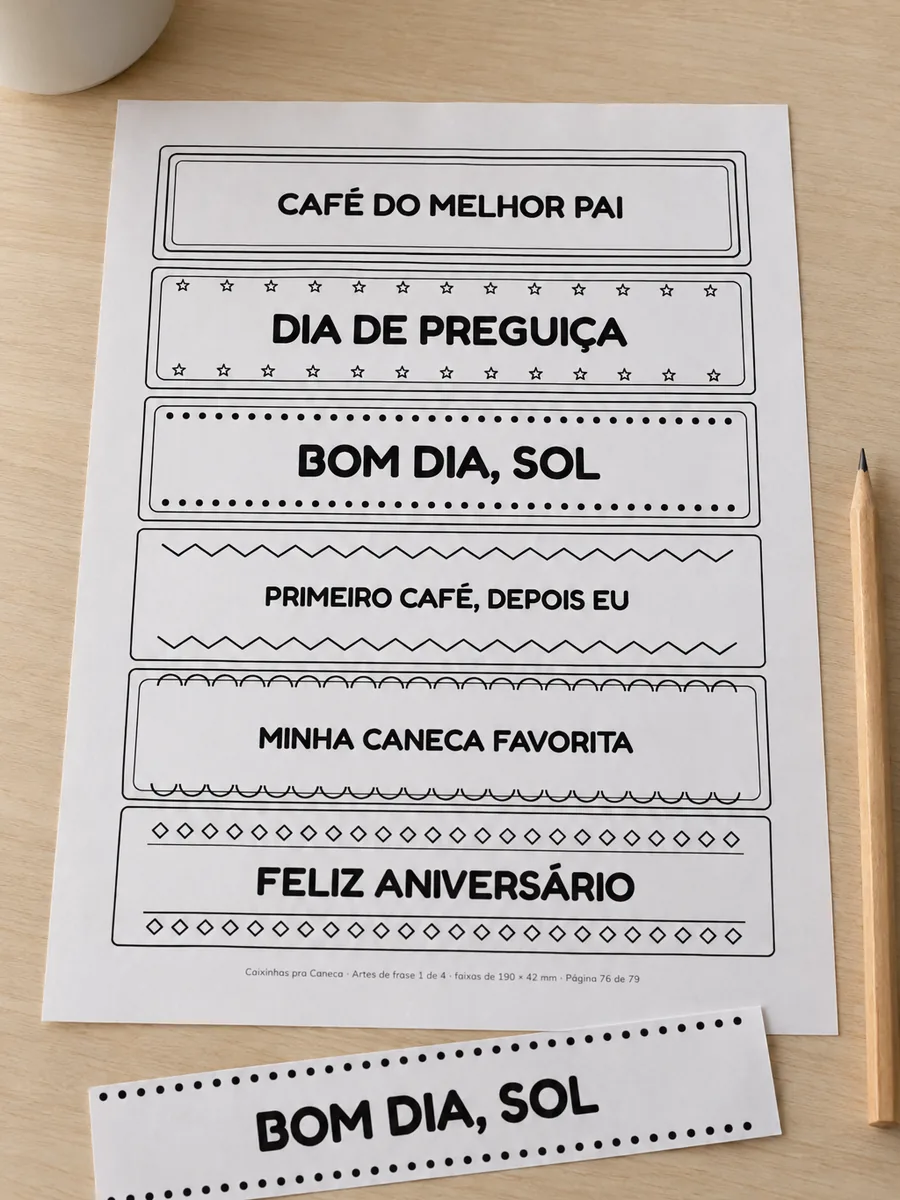 Folha com seis artes de frase retangulares com molduras geométricas e uma faixa já recortada ao lado